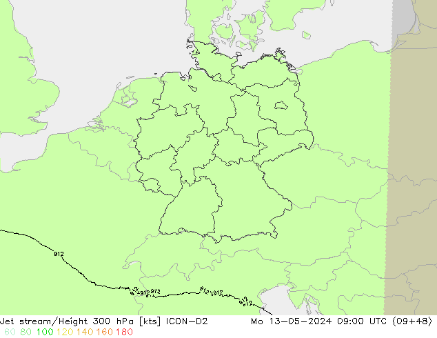 Jet stream/Height 300 hPa ICON-D2 Mo 13.05.2024 09 UTC