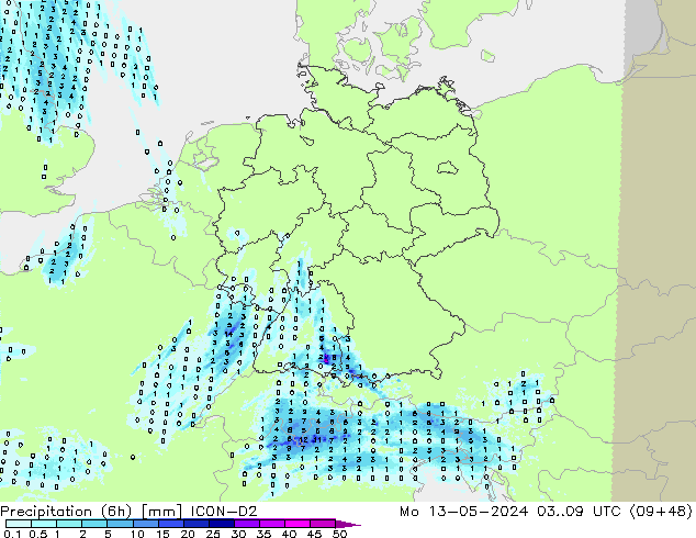 Precipitation (6h) ICON-D2 Mo 13.05.2024 09 UTC