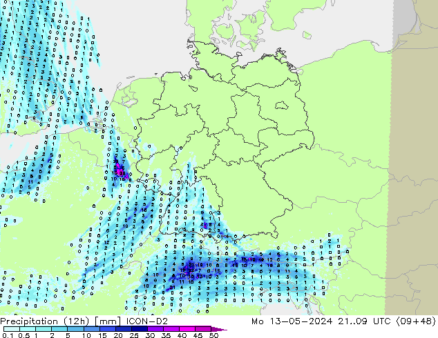 Precipitation (12h) ICON-D2 Mo 13.05.2024 09 UTC