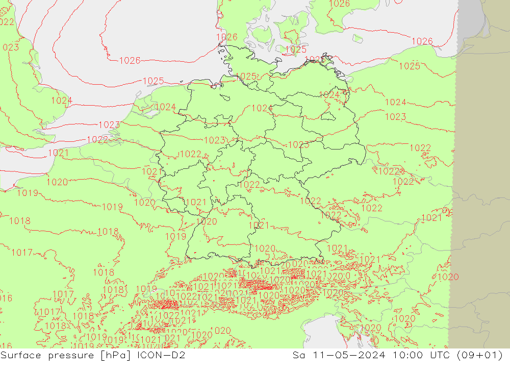 Presión superficial ICON-D2 sáb 11.05.2024 10 UTC