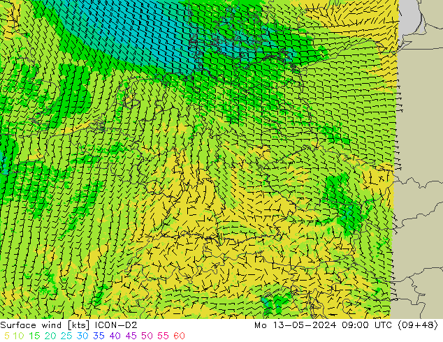 Vent 10 m ICON-D2 lun 13.05.2024 09 UTC