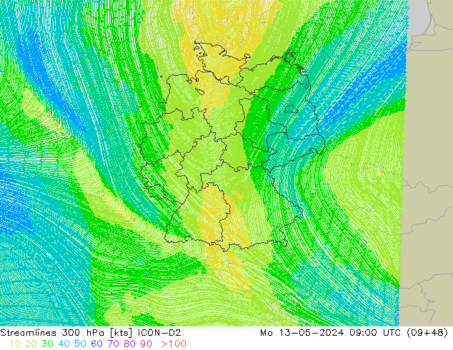 Streamlines 300 hPa ICON-D2 Mo 13.05.2024 09 UTC