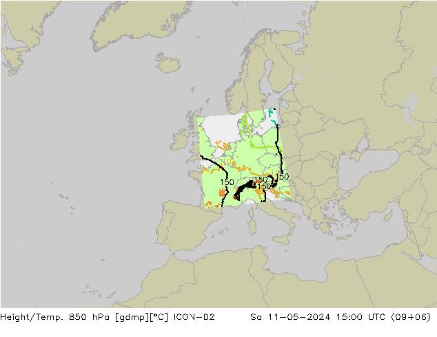 Height/Temp. 850 hPa ICON-D2 星期六 11.05.2024 15 UTC