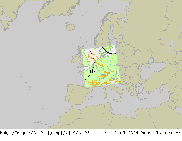 Height/Temp. 850 hPa ICON-D2 Mo 13.05.2024 09 UTC