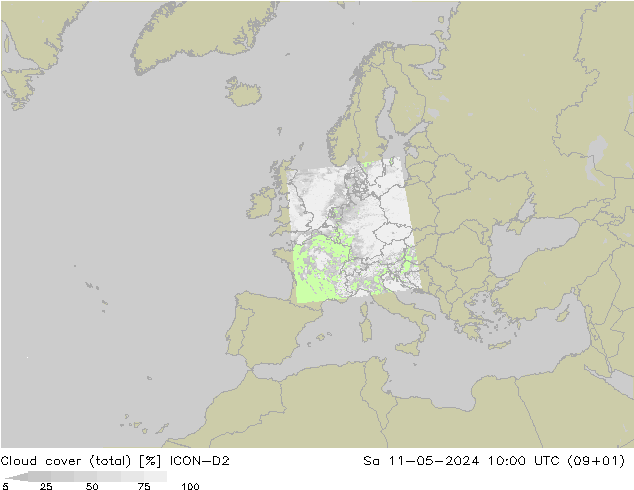 Bewolking (Totaal) ICON-D2 za 11.05.2024 10 UTC