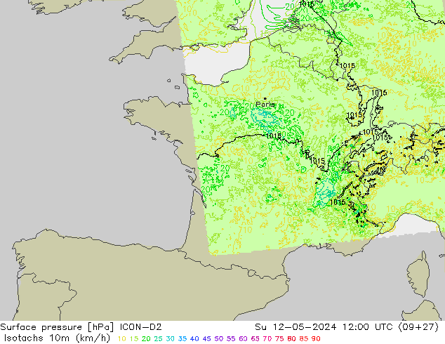 Isotachen (km/h) ICON-D2 zo 12.05.2024 12 UTC