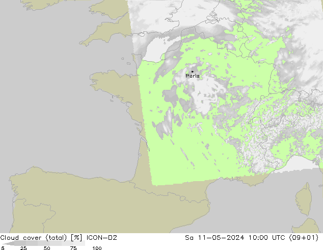 Cloud cover (total) ICON-D2 So 11.05.2024 10 UTC