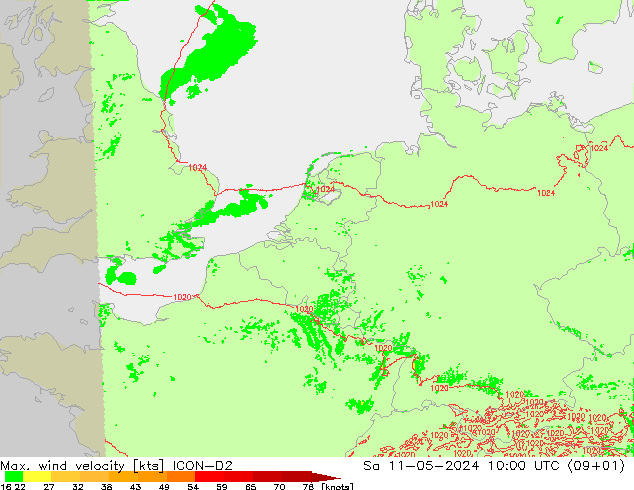 Max. wind velocity ICON-D2 sáb 11.05.2024 10 UTC