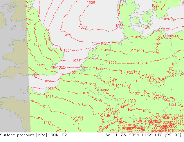 地面气压 ICON-D2 星期六 11.05.2024 11 UTC