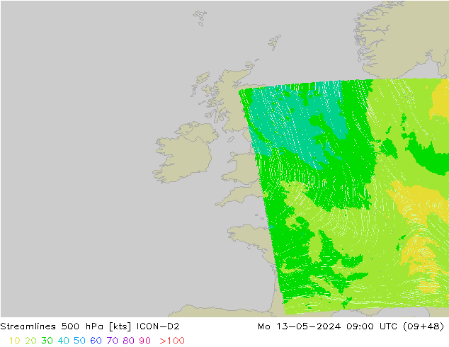 Streamlines 500 hPa ICON-D2 Mo 13.05.2024 09 UTC