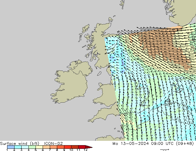 Surface wind (bft) ICON-D2 Mo 13.05.2024 09 UTC