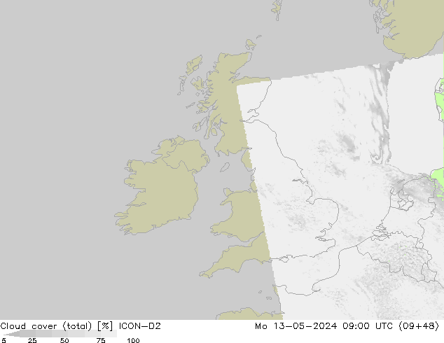 Nuages (total) ICON-D2 lun 13.05.2024 09 UTC