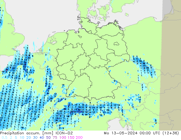 Precipitation accum. ICON-D2  13.05.2024 00 UTC