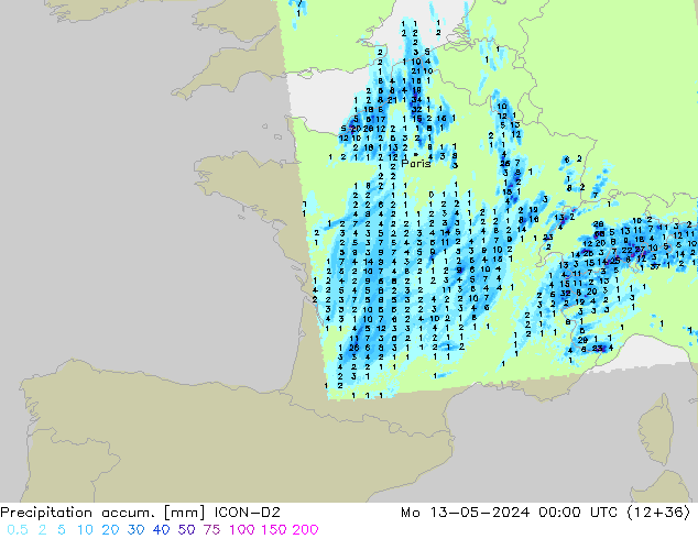 Precipitation accum. ICON-D2  13.05.2024 00 UTC