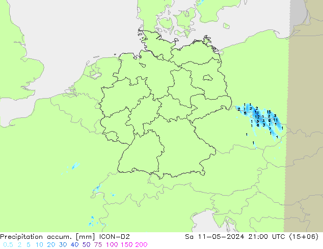 Precipitation accum. ICON-D2 星期六 11.05.2024 21 UTC