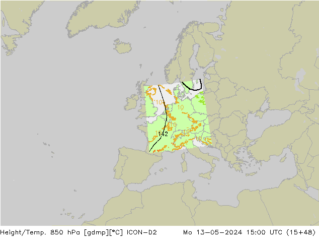 Height/Temp. 850 hPa ICON-D2 Mo 13.05.2024 15 UTC