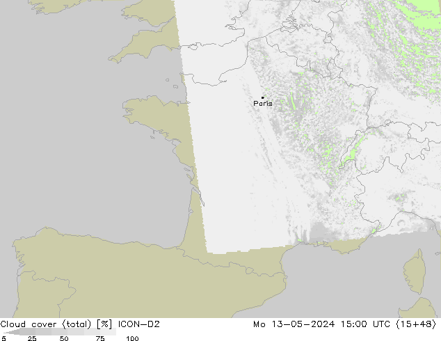 Cloud cover (total) ICON-D2 Mo 13.05.2024 15 UTC