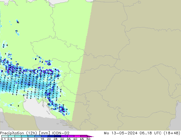 Precipitação (12h) ICON-D2 Seg 13.05.2024 18 UTC