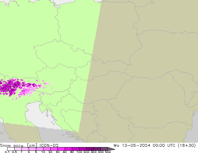 Snow accu. ICON-D2 Mo 13.05.2024 00 UTC