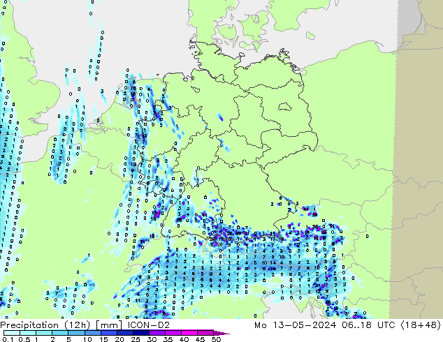 Totale neerslag (12h) ICON-D2 ma 13.05.2024 18 UTC