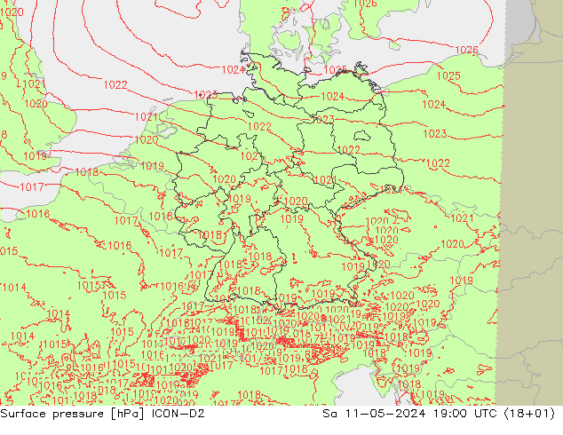 地面气压 ICON-D2 星期六 11.05.2024 19 UTC