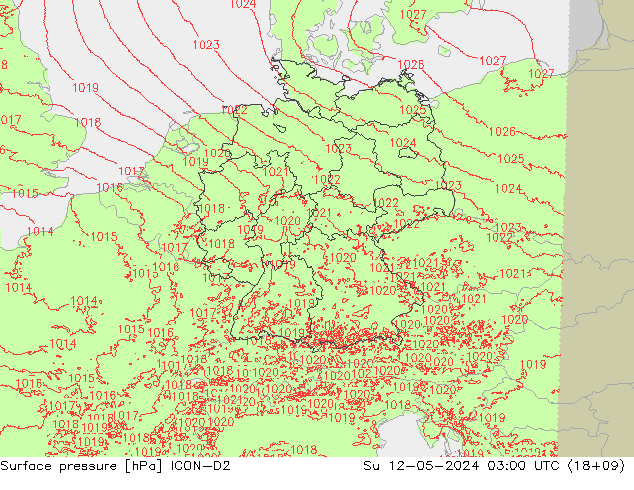 Atmosférický tlak ICON-D2 Ne 12.05.2024 03 UTC