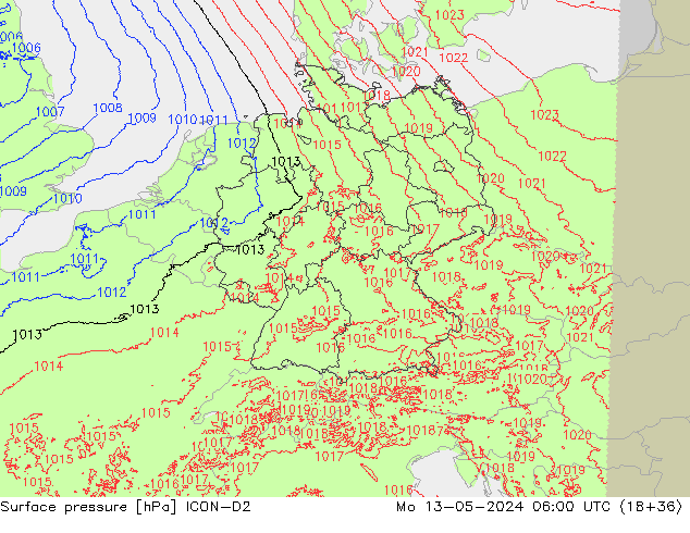 Presión superficial ICON-D2 lun 13.05.2024 06 UTC