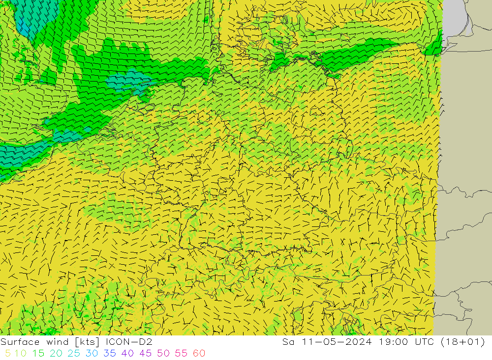 风 10 米 ICON-D2 星期六 11.05.2024 19 UTC