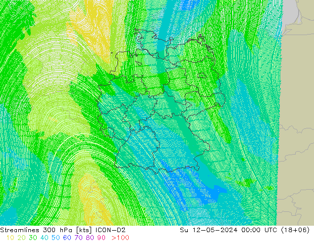 Linea di flusso 300 hPa ICON-D2 dom 12.05.2024 00 UTC