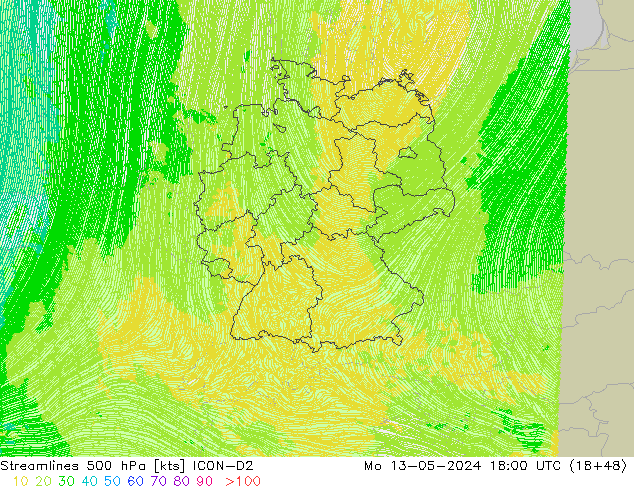 Linea di flusso 500 hPa ICON-D2 lun 13.05.2024 18 UTC