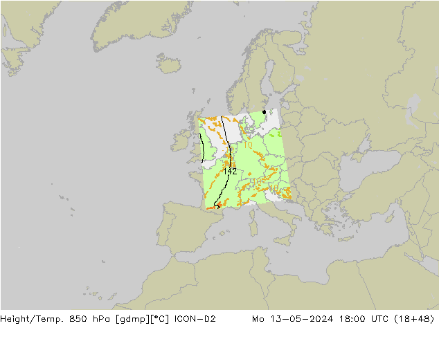 Height/Temp. 850 hPa ICON-D2 Mo 13.05.2024 18 UTC