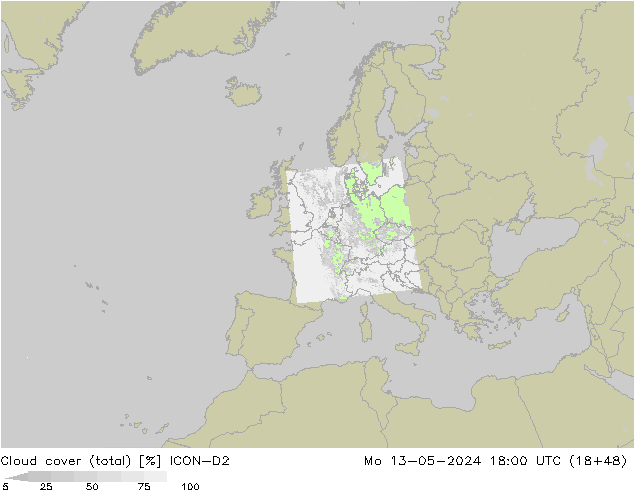 Cloud cover (total) ICON-D2 Mo 13.05.2024 18 UTC