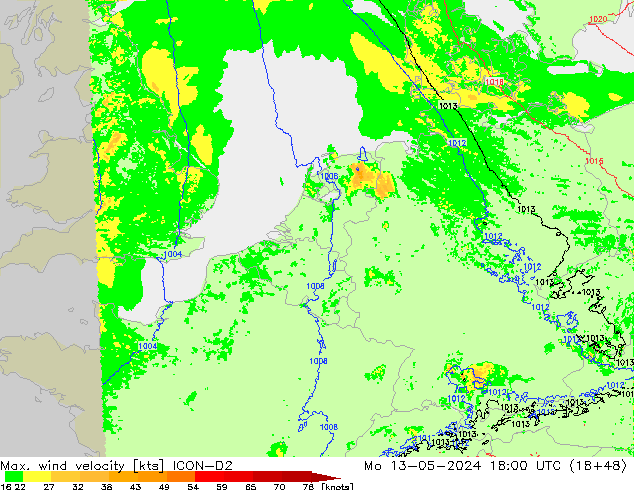 Max. wind velocity ICON-D2 пн 13.05.2024 18 UTC