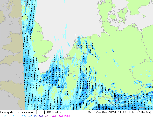 Precipitation accum. ICON-D2 Mo 13.05.2024 18 UTC