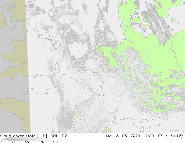 Cloud cover (total) ICON-D2 Mo 13.05.2024 12 UTC