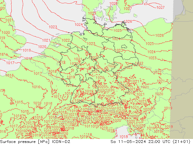 Atmosférický tlak ICON-D2 So 11.05.2024 22 UTC