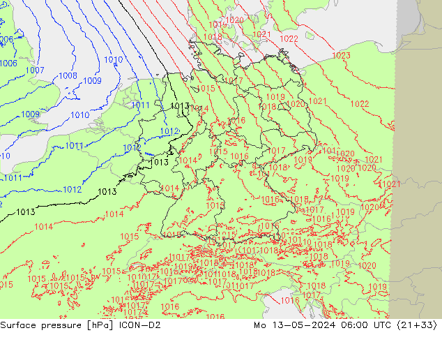 Atmosférický tlak ICON-D2 Po 13.05.2024 06 UTC