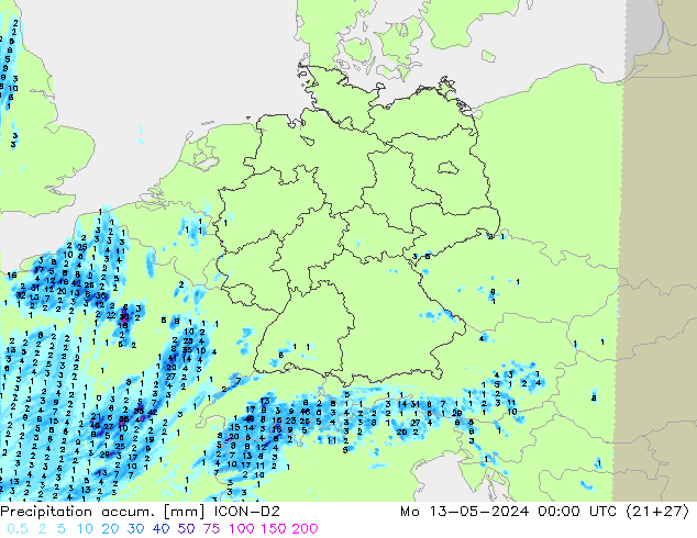 Precipitation accum. ICON-D2 pon. 13.05.2024 00 UTC