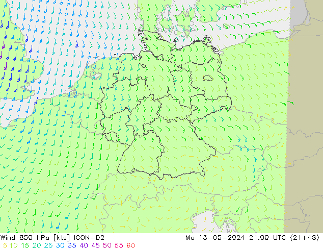 Wind 850 hPa ICON-D2 Mo 13.05.2024 21 UTC