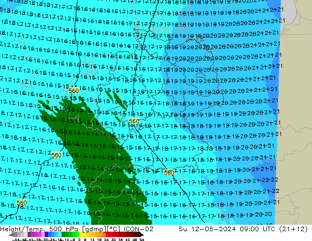 Geop./Temp. 500 hPa ICON-D2 dom 12.05.2024 09 UTC