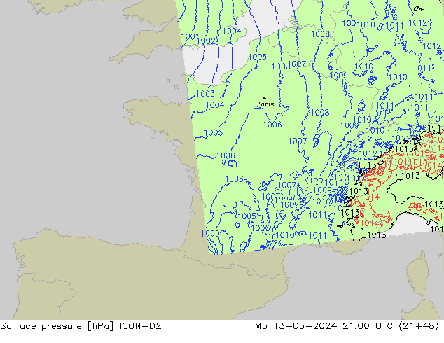 Surface pressure ICON-D2 Mo 13.05.2024 21 UTC