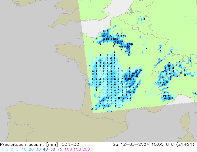 Precipitation accum. ICON-D2 Su 12.05.2024 18 UTC