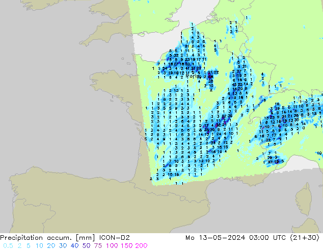 Precipitation accum. ICON-D2 Mo 13.05.2024 03 UTC
