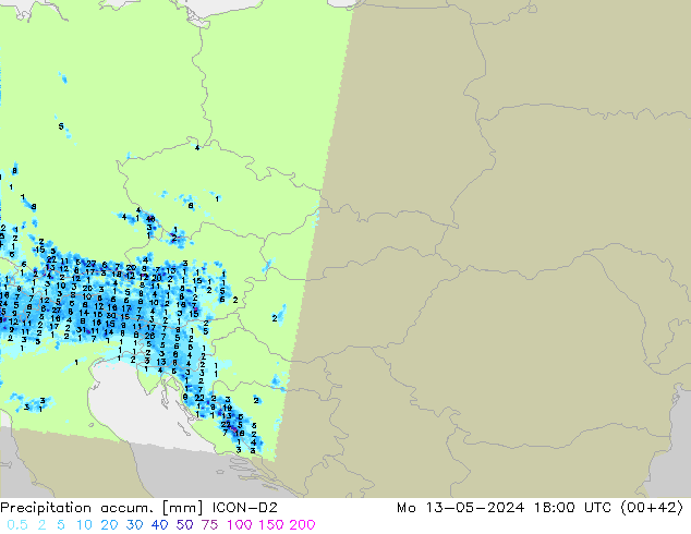 Precipitation accum. ICON-D2 Mo 13.05.2024 18 UTC