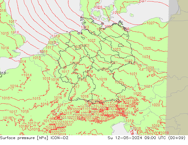 Luchtdruk (Grond) ICON-D2 zo 12.05.2024 09 UTC