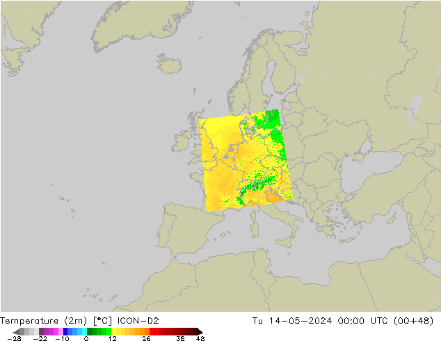 Temperatuurkaart (2m) ICON-D2 di 14.05.2024 00 UTC