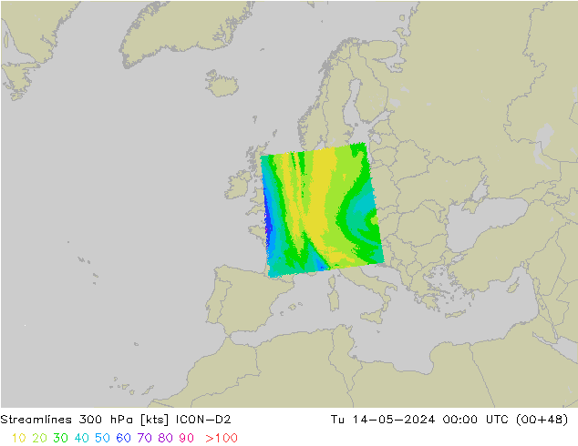 Linea di flusso 300 hPa ICON-D2 mar 14.05.2024 00 UTC