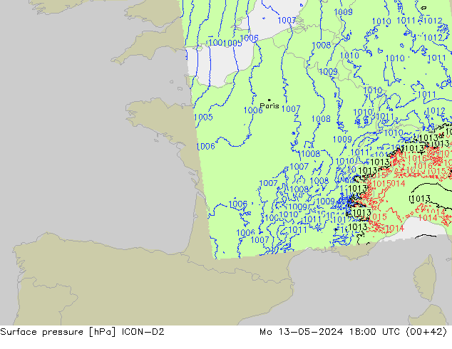 Pressione al suolo ICON-D2 lun 13.05.2024 18 UTC