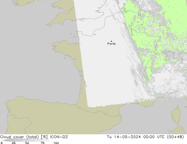 Cloud cover (total) ICON-D2 Tu 14.05.2024 00 UTC