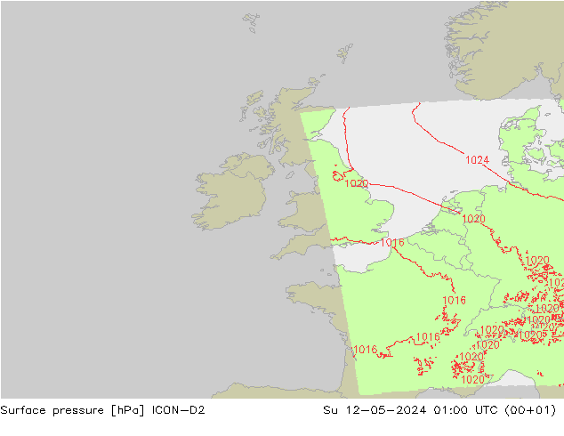 Surface pressure ICON-D2 Su 12.05.2024 01 UTC